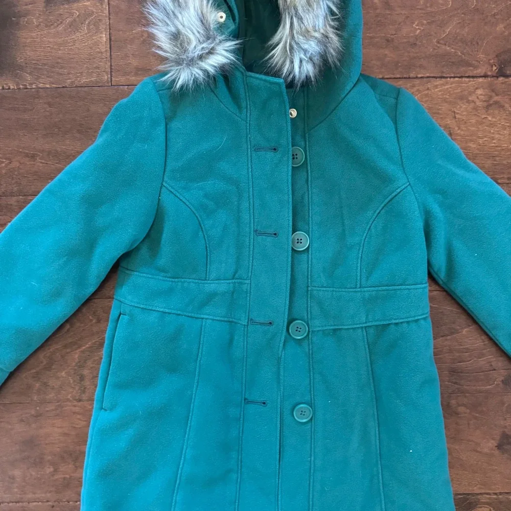 Cat & Jack Girls Green Faux Fur Hooded Pea Coat Jacket XS 4-5